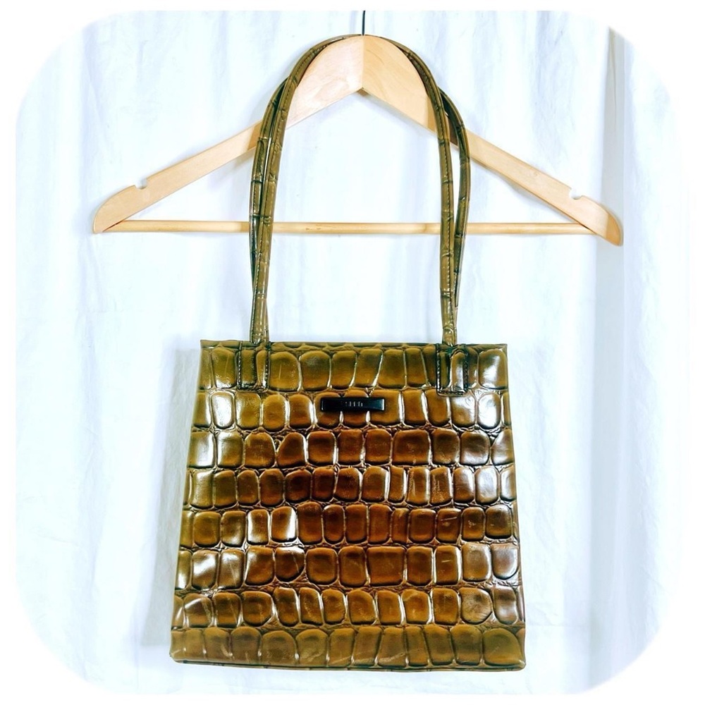 VTG 90s Green Croc Embossed Vinyl Shoudler bag by ESPRIT w long Shoulder Straps
